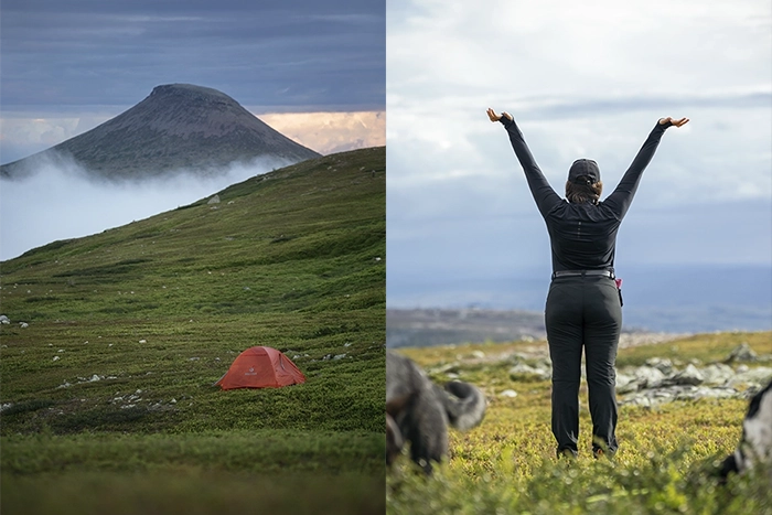 ett uppslaget tält i fjällandskap samt en kvinna som gör yoga i fjällmiljö